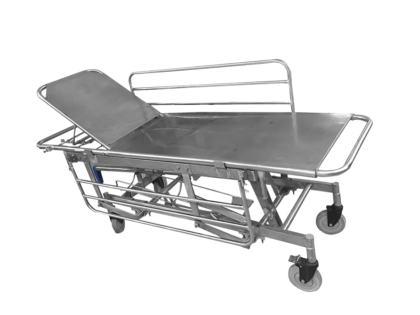 JV1855 Stretcher Trolley HI-LO SS with side rails and O2 Cylinder stand